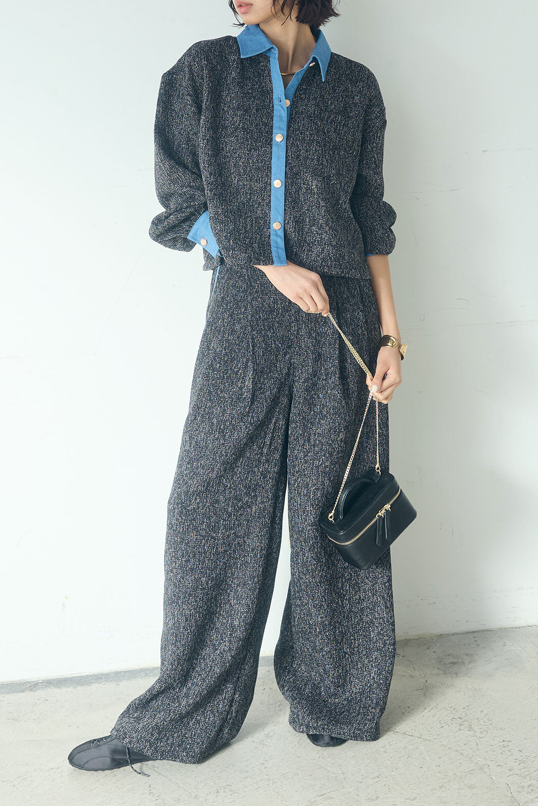 [SET]ツイード×デニムショート丈シャツ+ツイード×デニムハイウエストラインロングパンツ(2set)