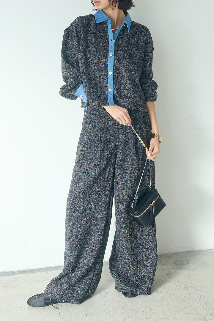 [SET]ツイード×デニムショート丈シャツ+ツイード×デニムハイウエストラインロングパンツ(2set)