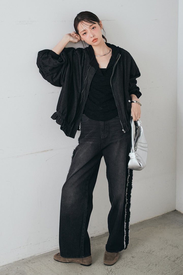 [SET]袖シャーリング裾フリルデニムブルゾン+デニムサイドフリルパンツ+ストレッチレースフーディサムホールプルオーバー(3set)