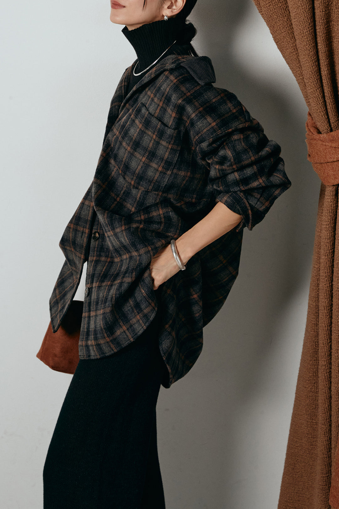 [SET]シャギーチェックシャツジャケット+ワイドリブニットイージーパンツ+リブニットシームレスタートルプルオーバー(3set)