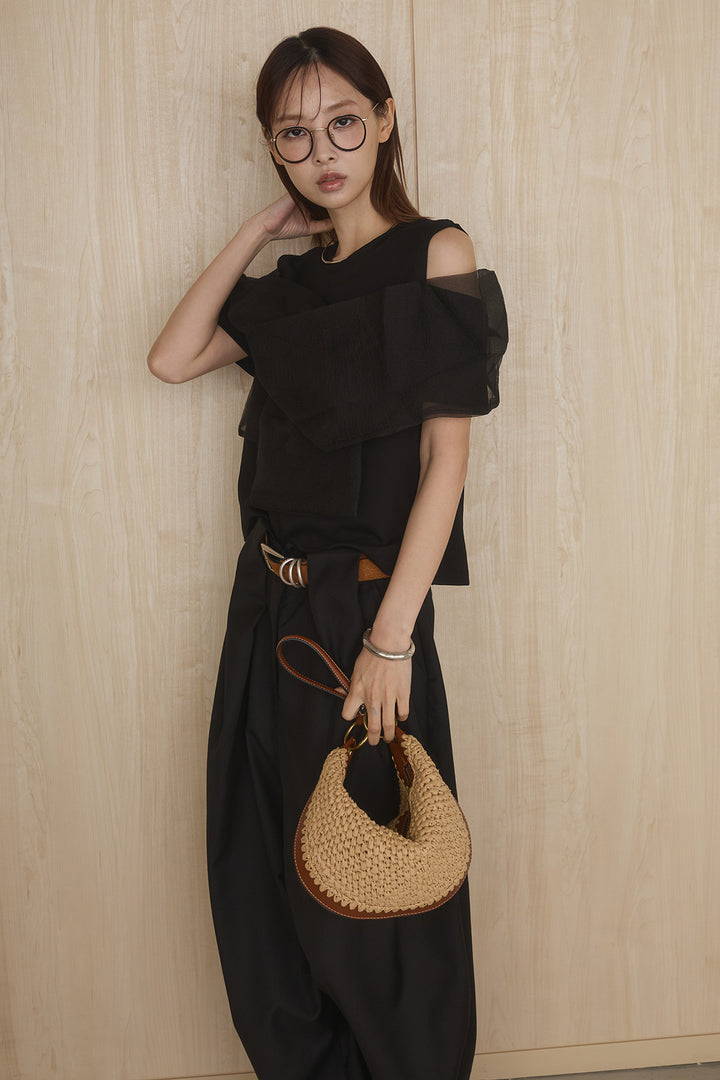 [SET]シアーレイヤーデザインカットソー+ベルトループワイドパンツ(2set)