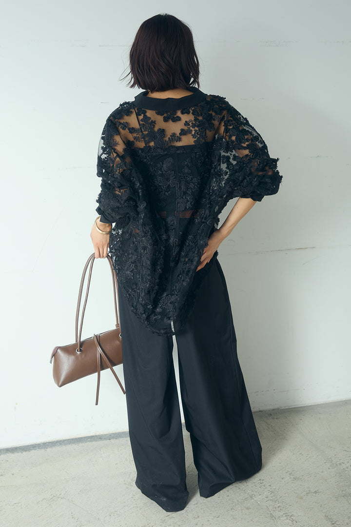 [SET]立体フラワー刺繍レースシャツ+ベルトループデザインハイウエストタックパンツ(2set)