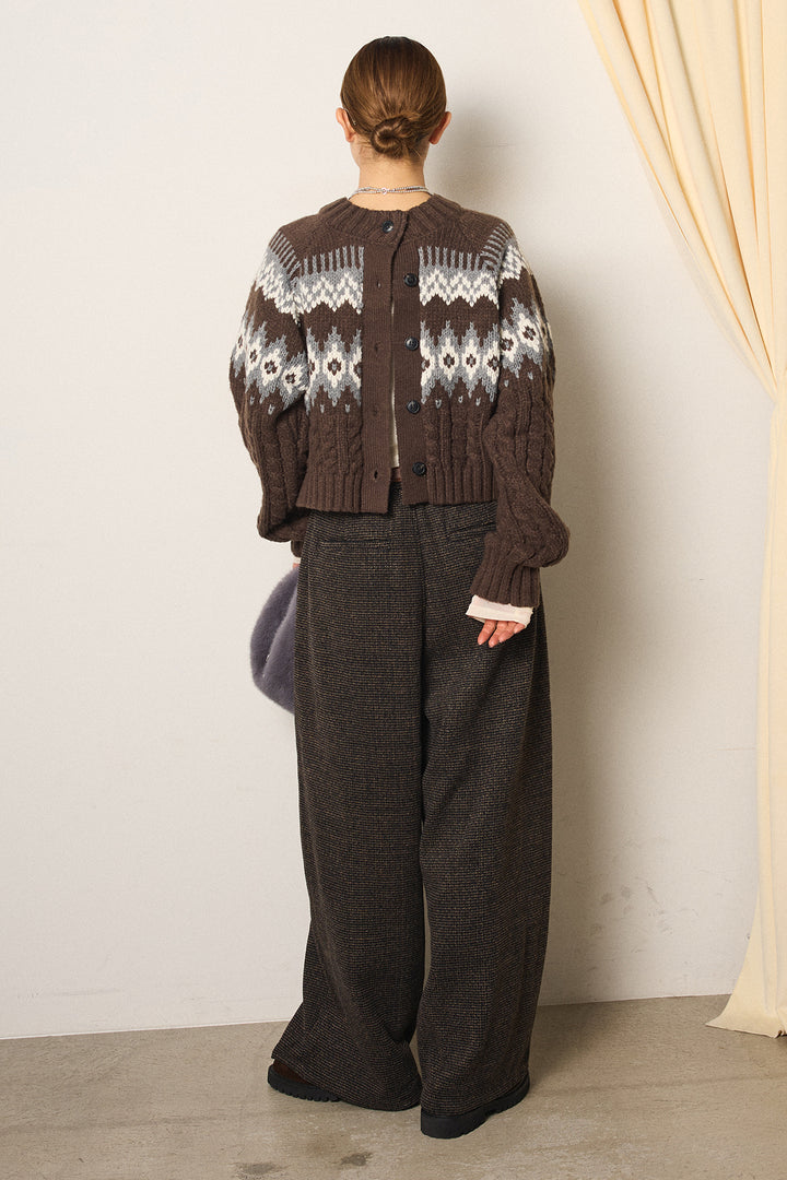 [SET]2WAY求心柄ジャガードショートカーディガン+起毛タック入りツイードワイドパンツ+2WAY袖コード刺繍クルーネックプルオーバー(3set)