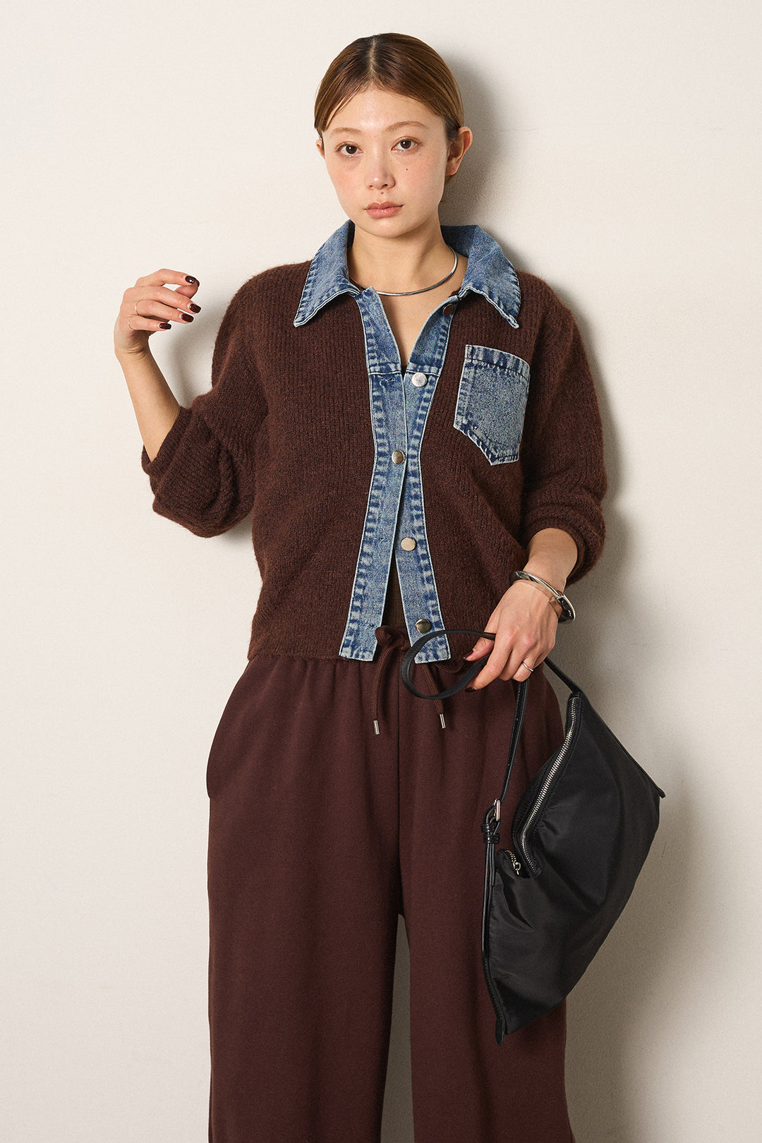 [SET]襟付きデニム切替ニットカーディガン+裏起毛スウェットワイドパンツ(2set)