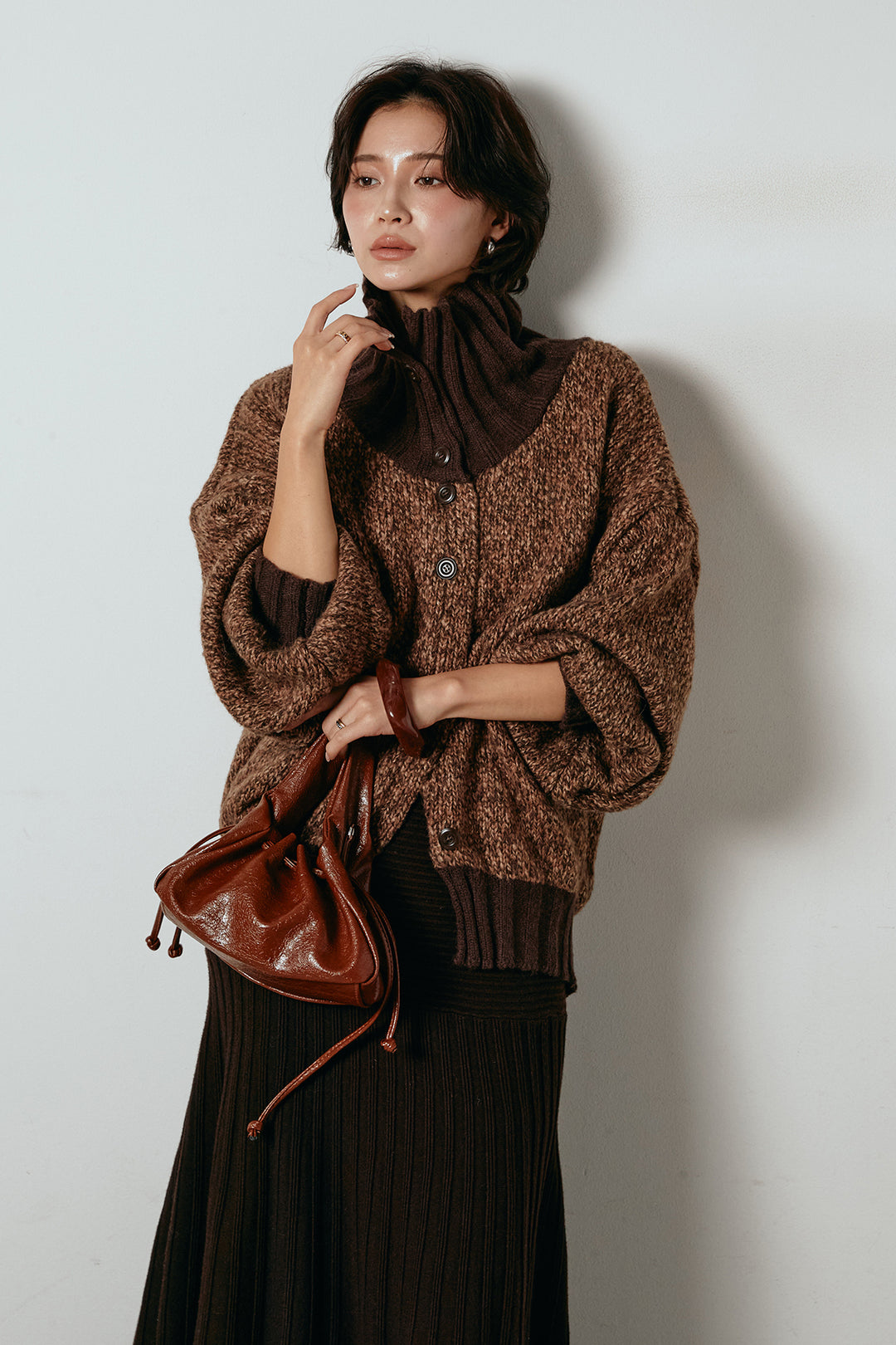 [SET]ハイネックミックスニットカーディガン+編み地切り替えフレアニットスカート(2set)