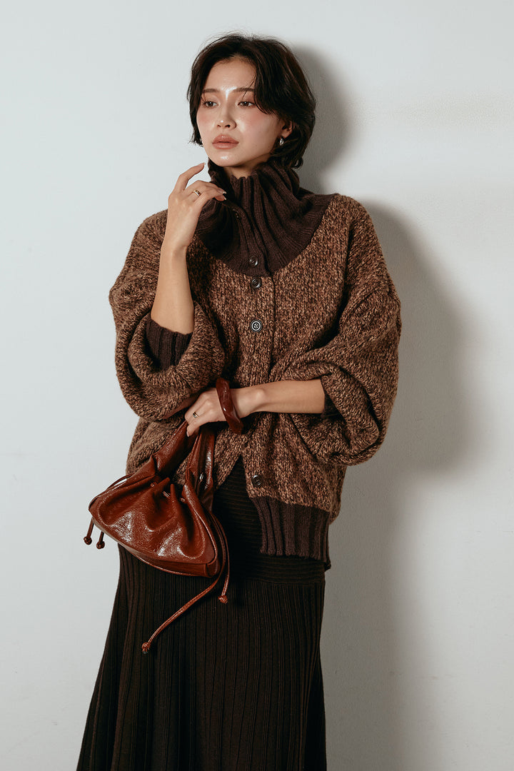 [SET]ハイネックミックスニットカーディガン+編み地切り替えフレアニットスカート(2set)