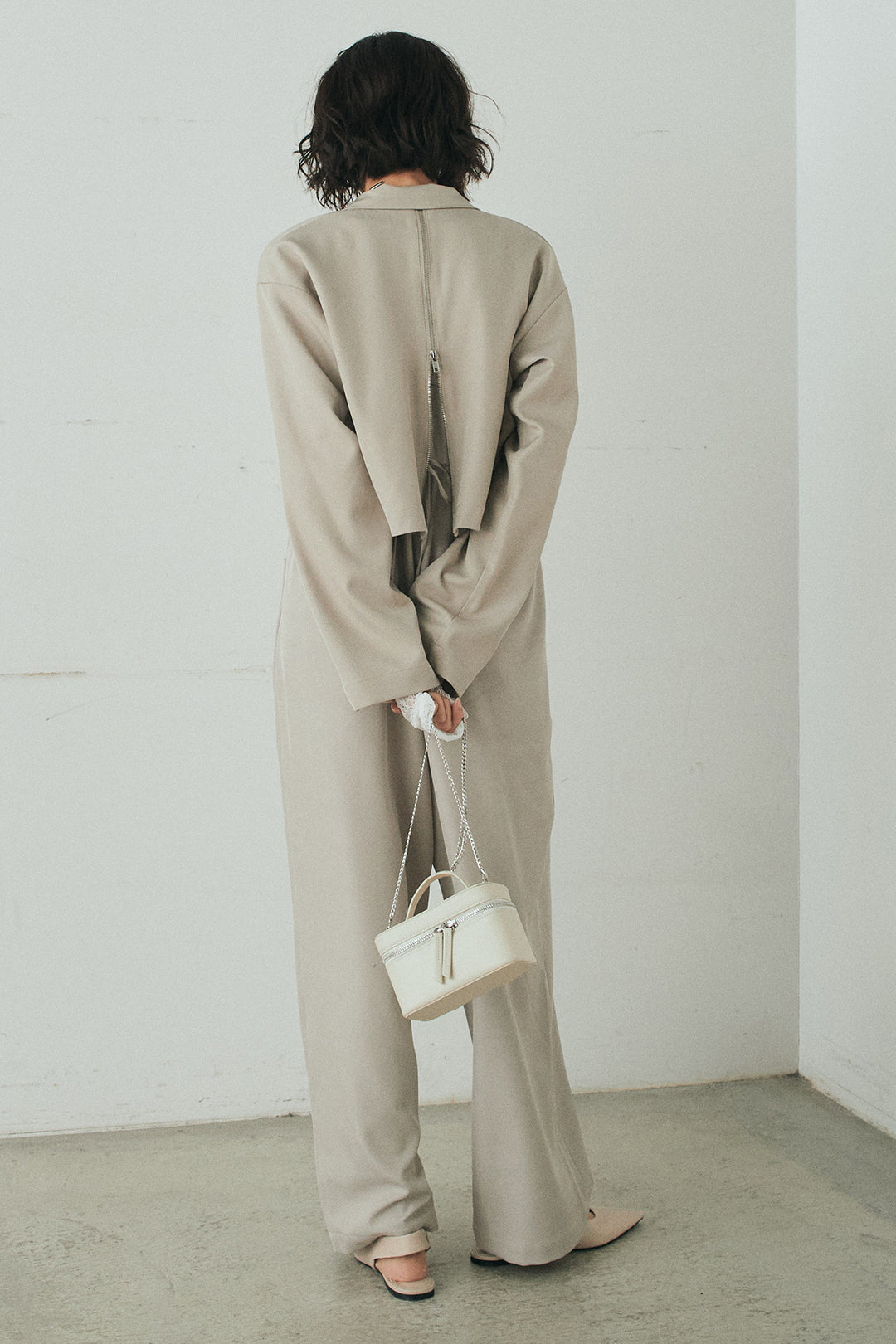 [SET]バックジップデザインショートツイルジャケット+キャミロングオールインワン+ストレッチレースクルーネックインナー(3set)