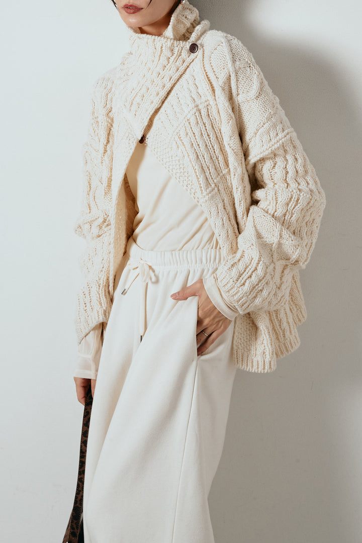 [SET]ビッグカラーケーブル編みニットトップス+裏起毛スウェットワイドパンツ(2set)