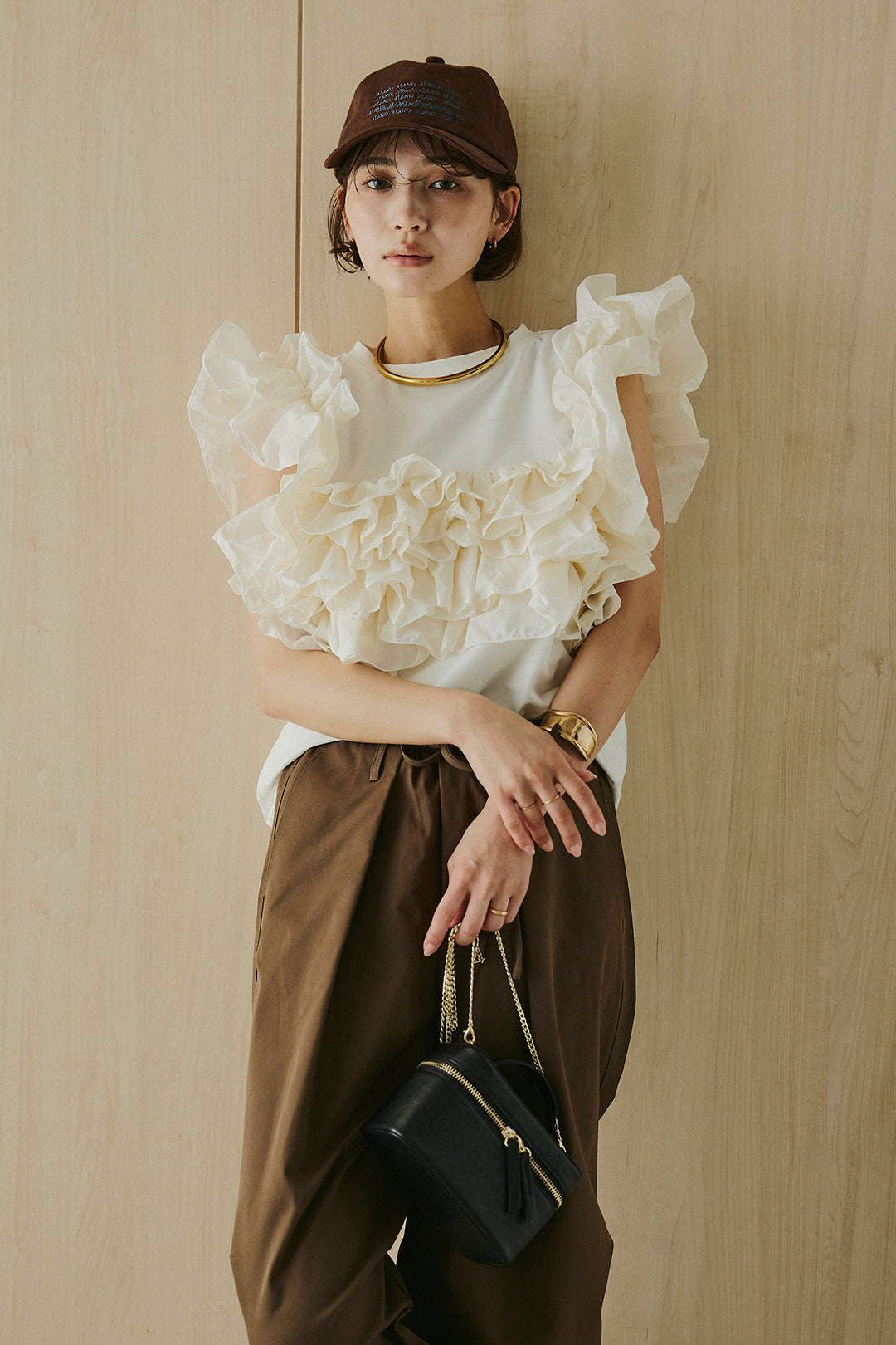 [SET]天竺ナイロンドッキングビスチェ風トップス+ニーサイドタックウエストドロスパンツ(2set)