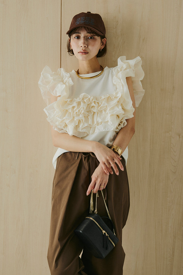 [SET]天竺ナイロンドッキングビスチェ風トップス+ニーサイドタックウエストドロスパンツ(2set)