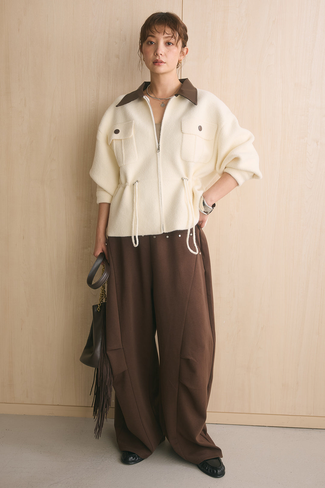[SET]エコレザー切替えニットジャケット+スタッズ付きニーサイドタックスウェットパンツ(2set)