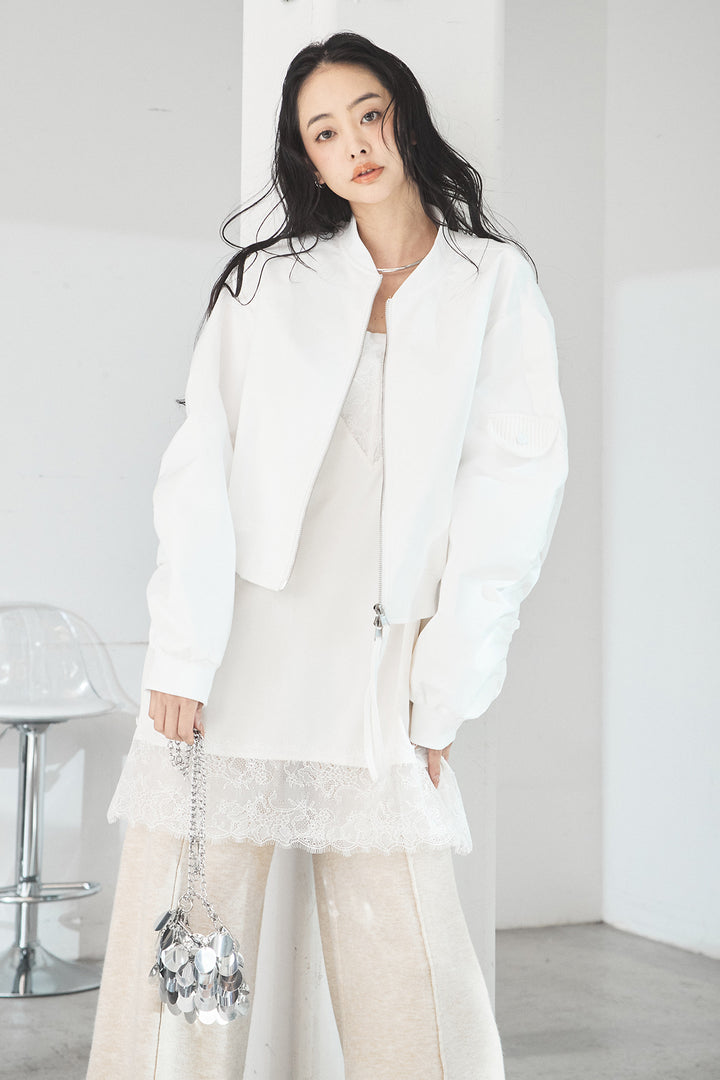 [SET]袖ギャザーデザインブルゾン+センターラインニットパンツ(2set)