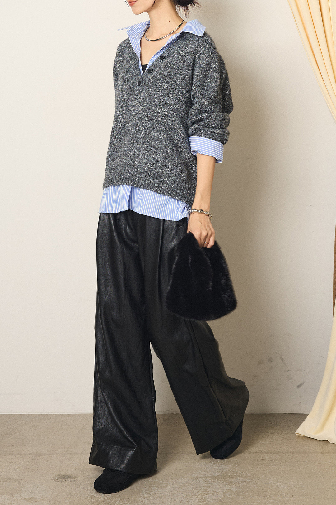 [SET]ストライプシャツドッキングニットポロトップス+ベルト付きレザーライクタックパンツ(2set)