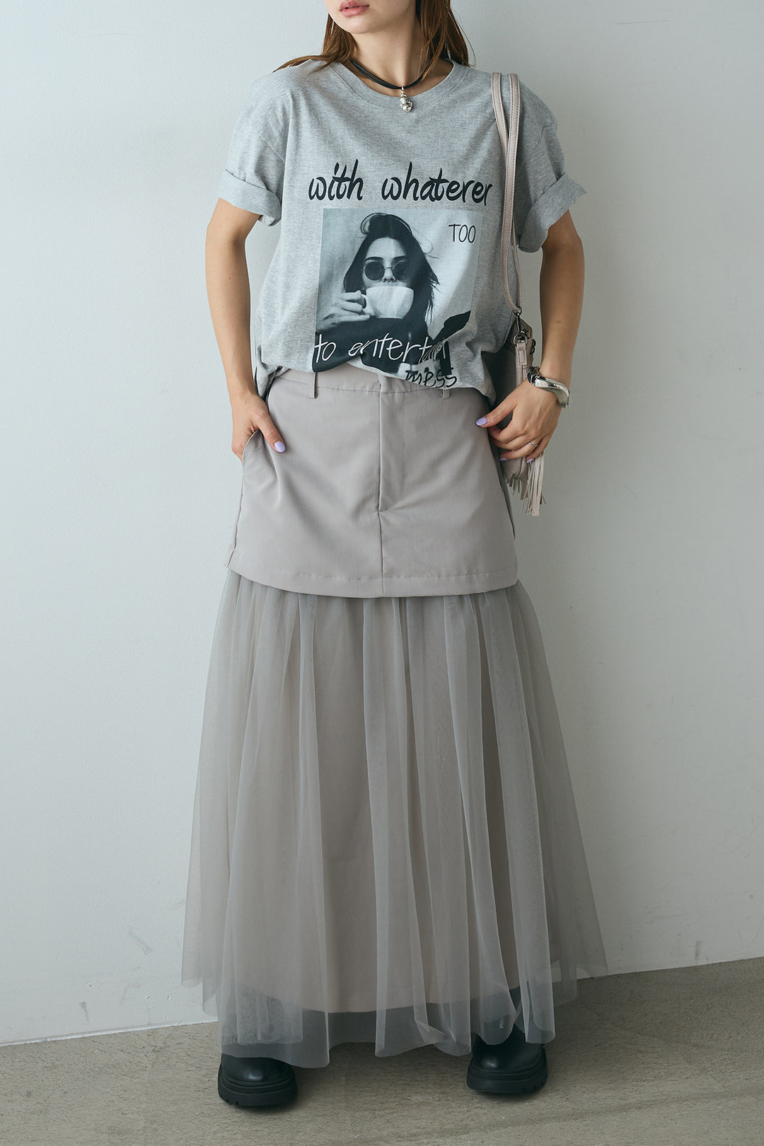[SET]モノトーンフォトプリントTシャツ+切り替えデザインボリュームチュールスカート(2set)
