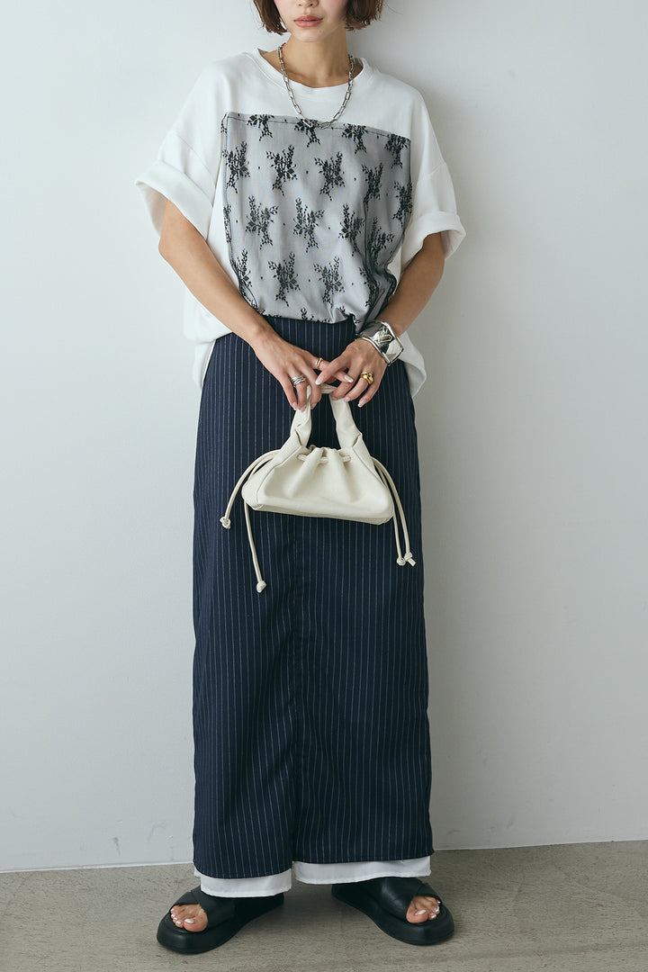 [SET]スクエアレース刺繍Tシャツ+ストライプストレートスカート(2set)