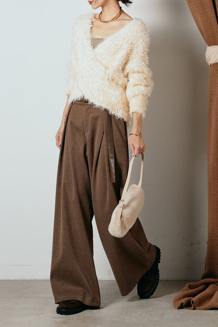 [SET]シャギークロスニットトップス+細ベルト付き起毛タックワイドパンツ(2set)