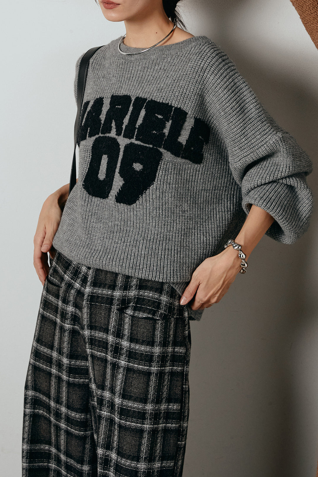 [SET]ロゴジャガードニットトップス+ルーズタータンチェックワイドパンツ(2set)