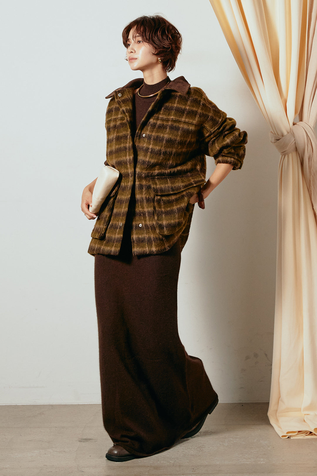 [SET]チェックシャギーミドルカバーオール+ノースリーブニットロングワンピース(2set)