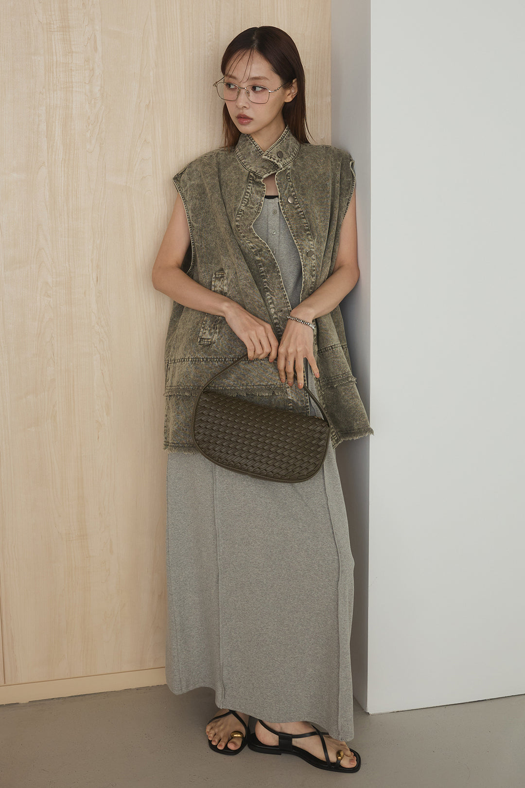 [SET]ケミカルデニムヘムカットオフジレ+ノースリロングワンピース(2set)