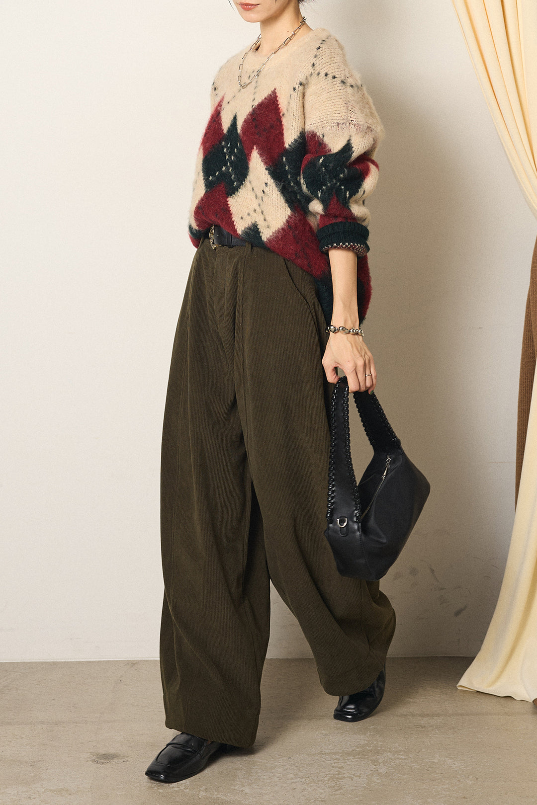 [SET]配色アーガイル柄ニットトップス+ベルト付きコーデュロイワイドパンツ(2set)