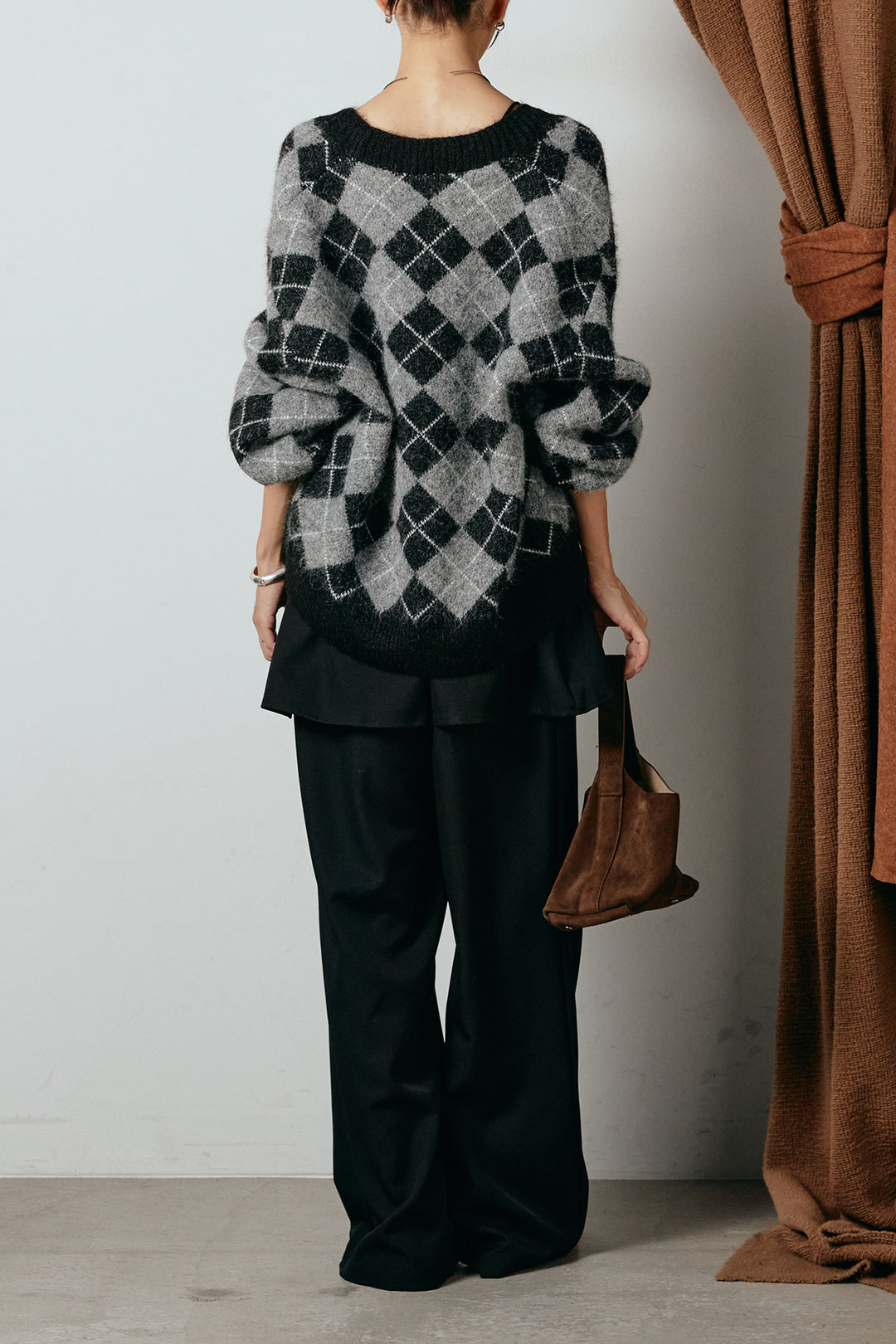 [SET]オーバーサイズ総柄Vネックニットカーディガン+ベルト付きウエストデザインパンツ(2set)