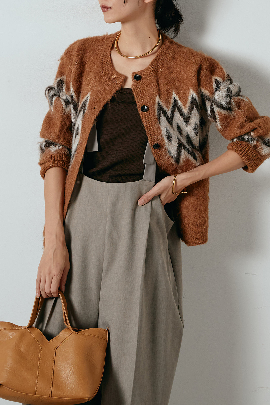 [SET]起毛ノルディック柄ニットカーディガン+ワイドツイルサロペット(2set)