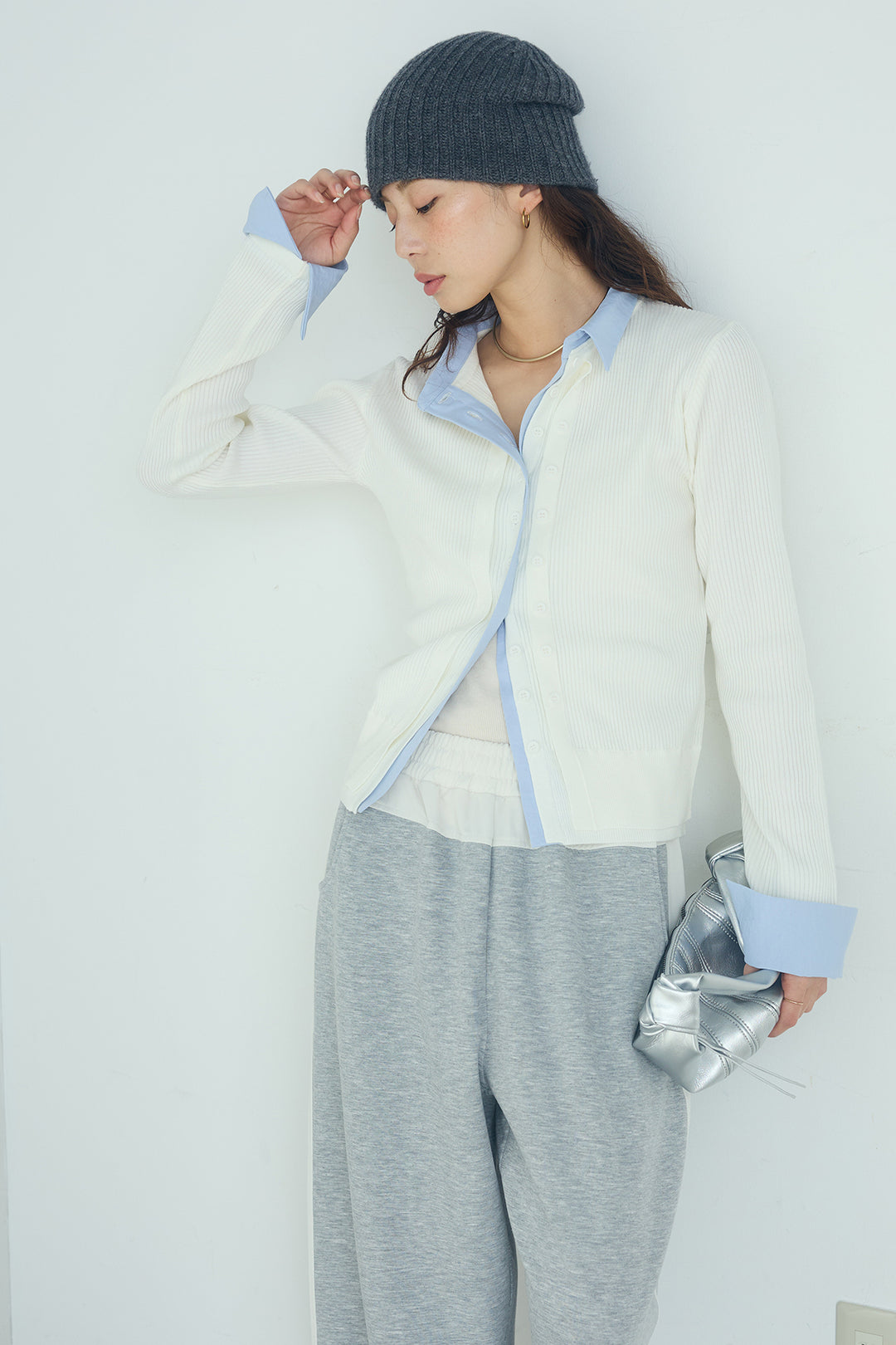[SET]シャツドッキングボタンニットカーディガン+異素材切り替えスウェットパンツ(2set)