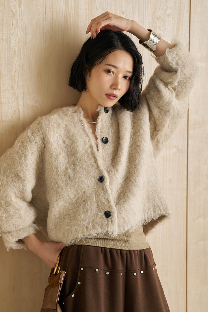 [SET]エアリーシャギークルーカーデ+スタッズ付きニーサイドタックスウェットパンツ(2set)