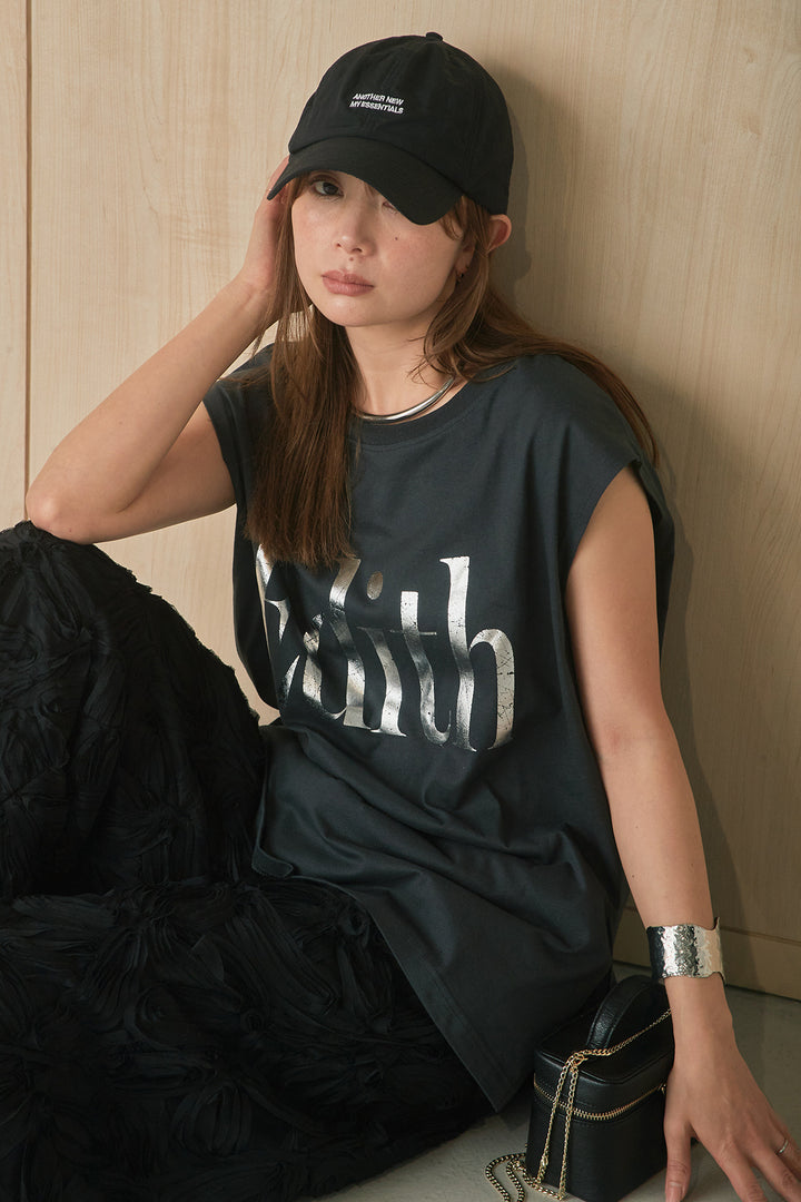 [SET]箔ロゴプリントノースリーブTシャツ+立体レースストレートパンツ(2set)