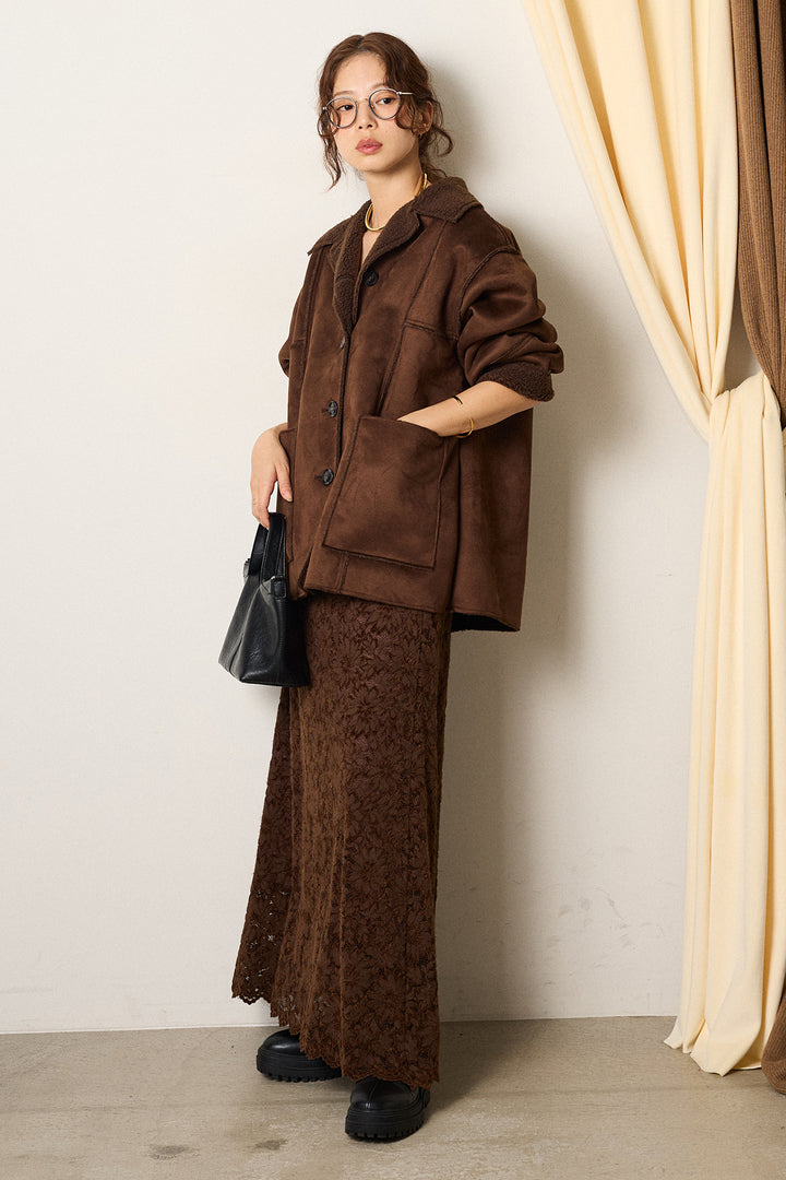 [SET]エコムートンカバーオール+花柄刺繍ベロアフレアスカート(2set)