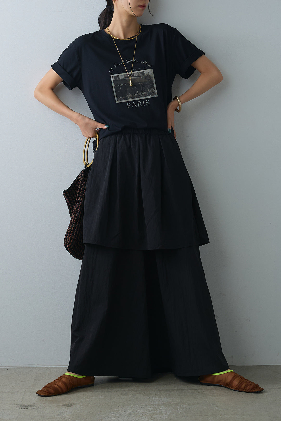 [SET]PARISフォトTシャツ+タックスカートドッキングフレアパンツ(2set)