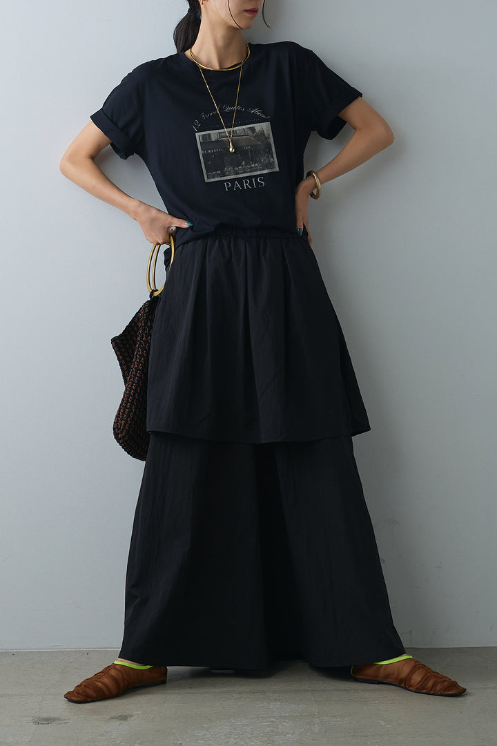 [SET]PARISフォトTシャツ+タックスカートドッキングフレアパンツ(2set)