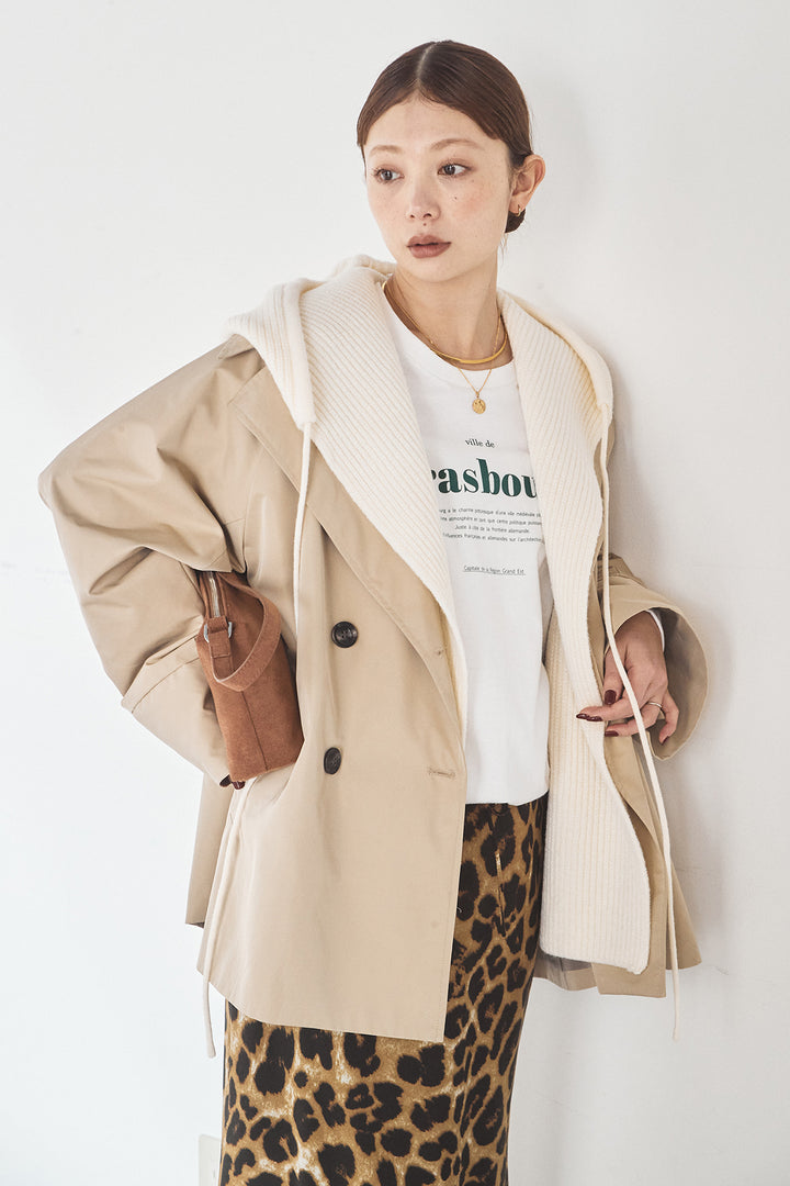 [SET]ナイロントレンチコート+レオパードサテンナロースカート(2set)