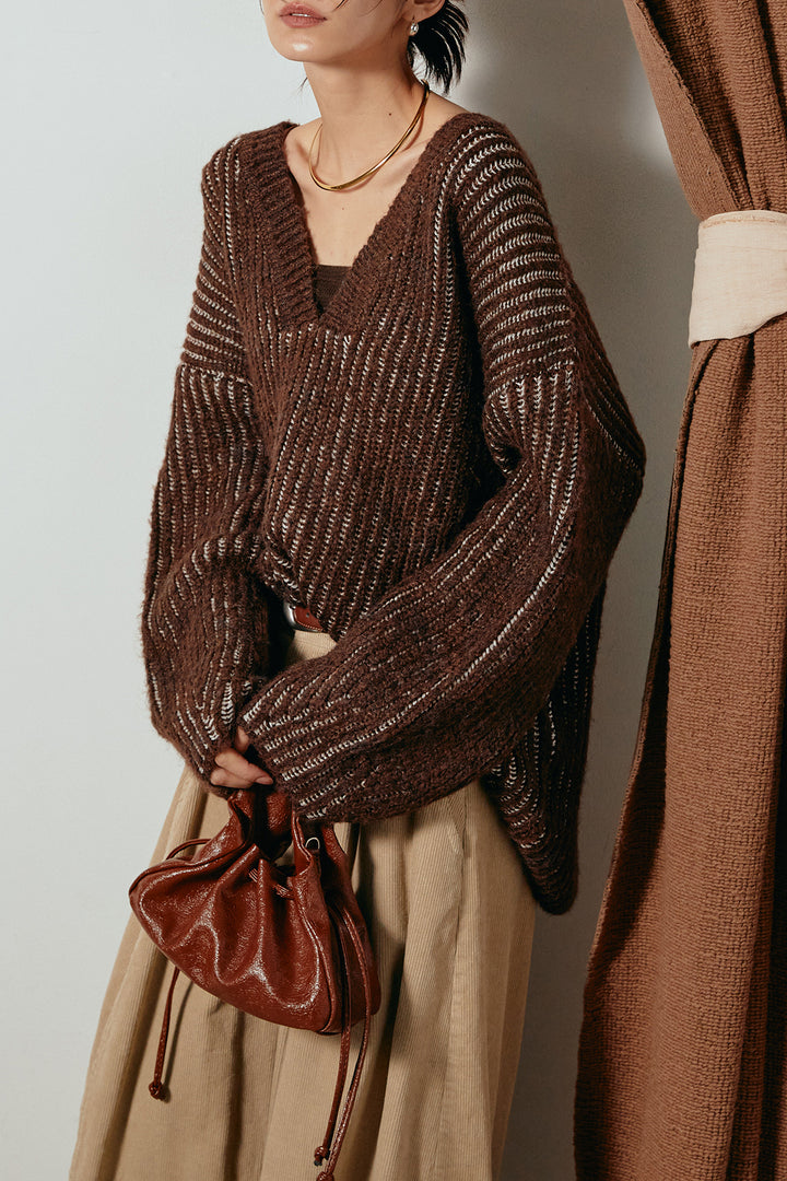 [SET]アルパカタッチ深Vニットトップス+タック入りコーデュロイワイドパンツ(2set)