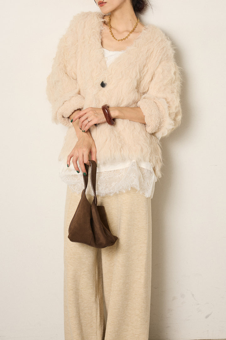 [SET]起毛シャギーニットカーディガン+センターラインニットパンツ+レース切り替えキャミソール(3set)