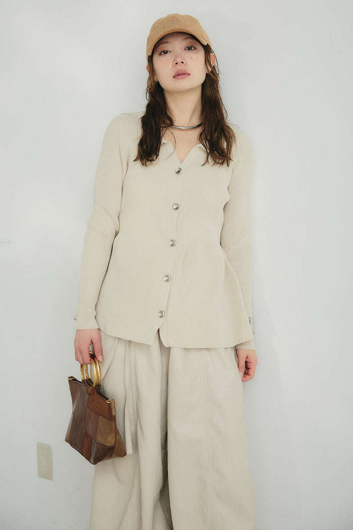 [SET]スキッパーペプラムニット+フェイクレザーカーブワイドパンツ(2set)