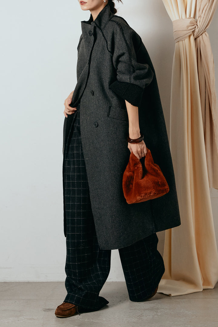 [SET]裏地ボアハイネックロングアウター+ウールライクチェックタックパンツ(2set)
