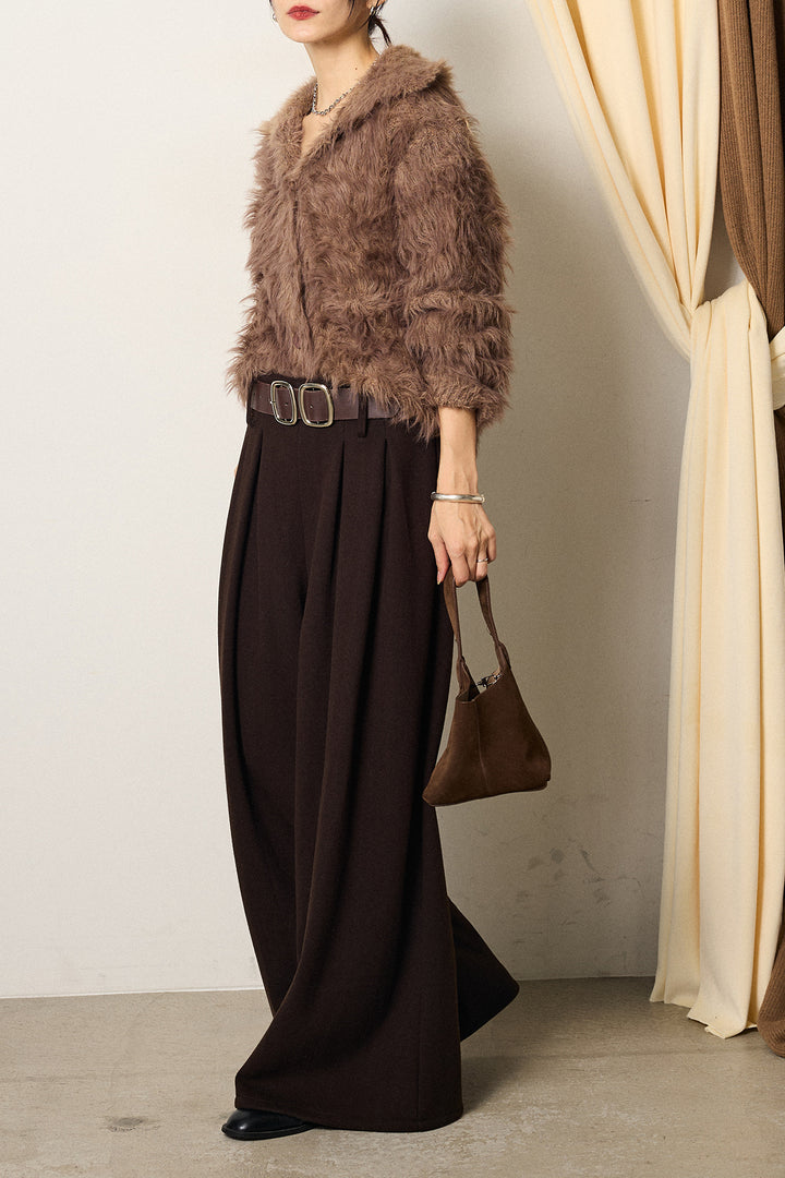 [SET]襟付きシャギーニットカーディガン+フェイクレザー太ベルト付きタックワイドパンツ(2set)