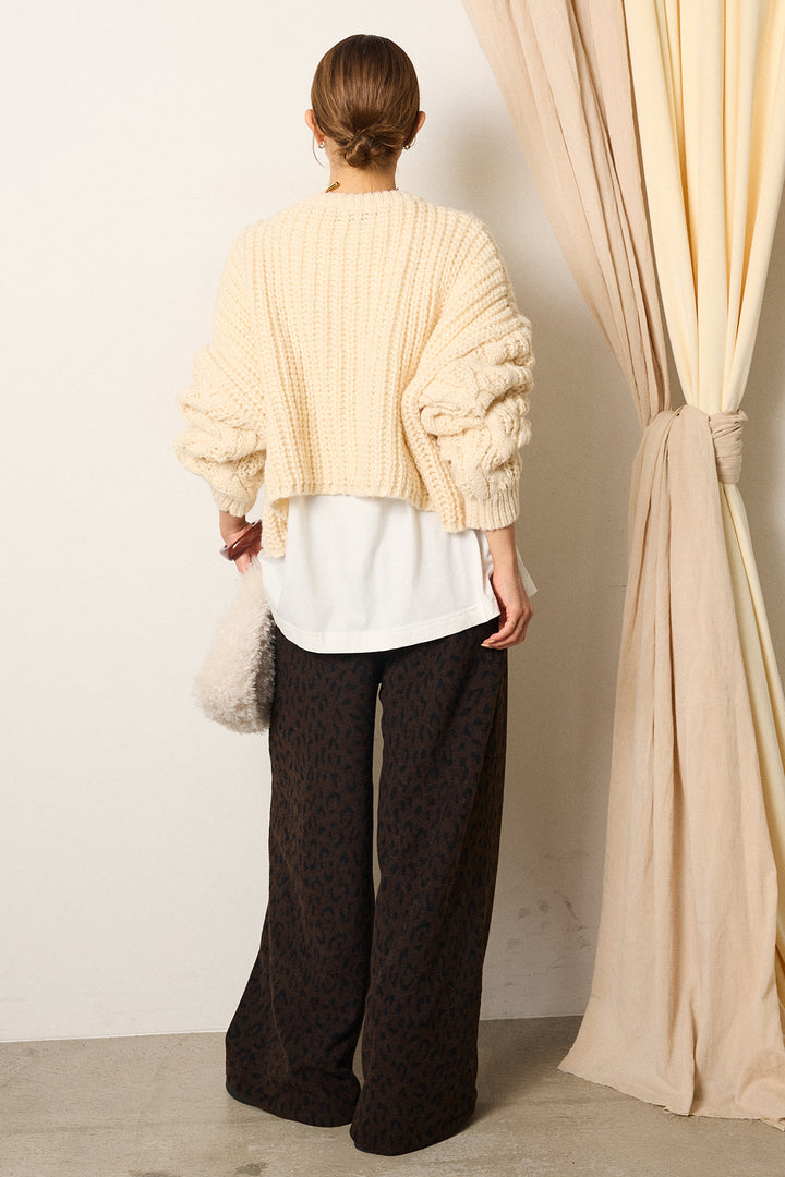 [SET]ケーブルリラックスショートニット+箔プリントBIGシルエットロングスリーブTシャツ+レオパードジャガードニットパンツ(3set)