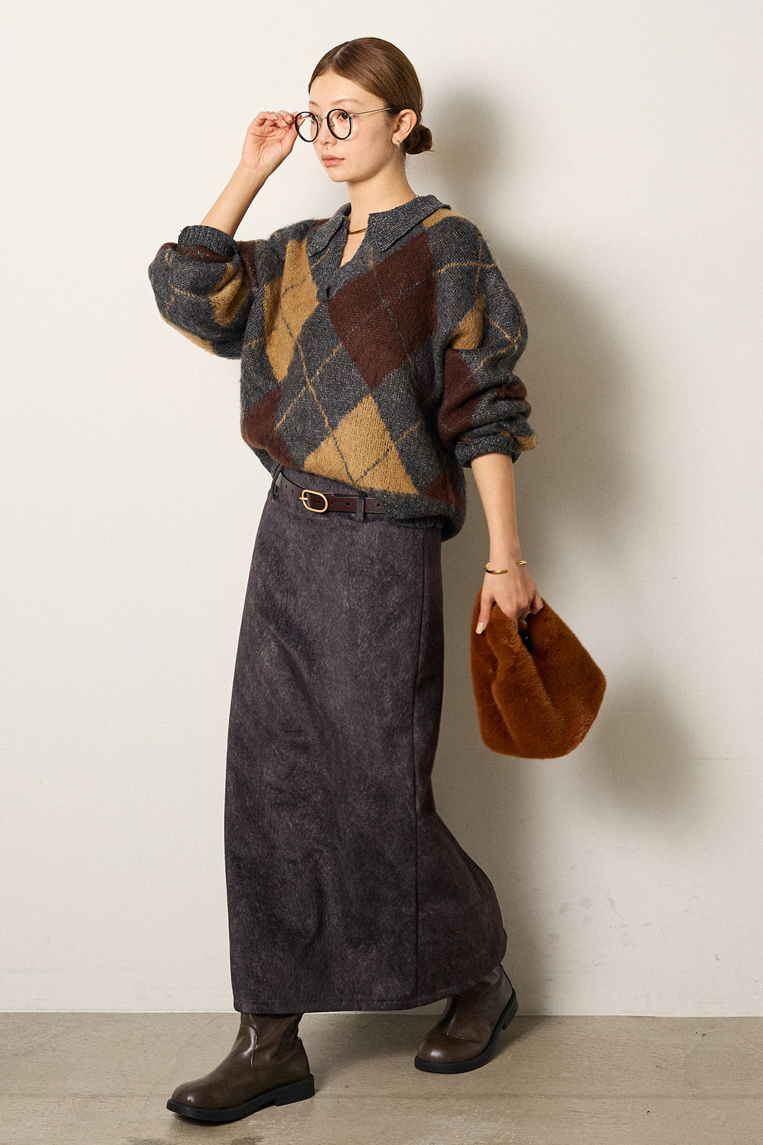 [SET]アクリルモヘアアーガイルキーネックプルオーバー+ロープベルト付きスウェード調スカート(2set)
