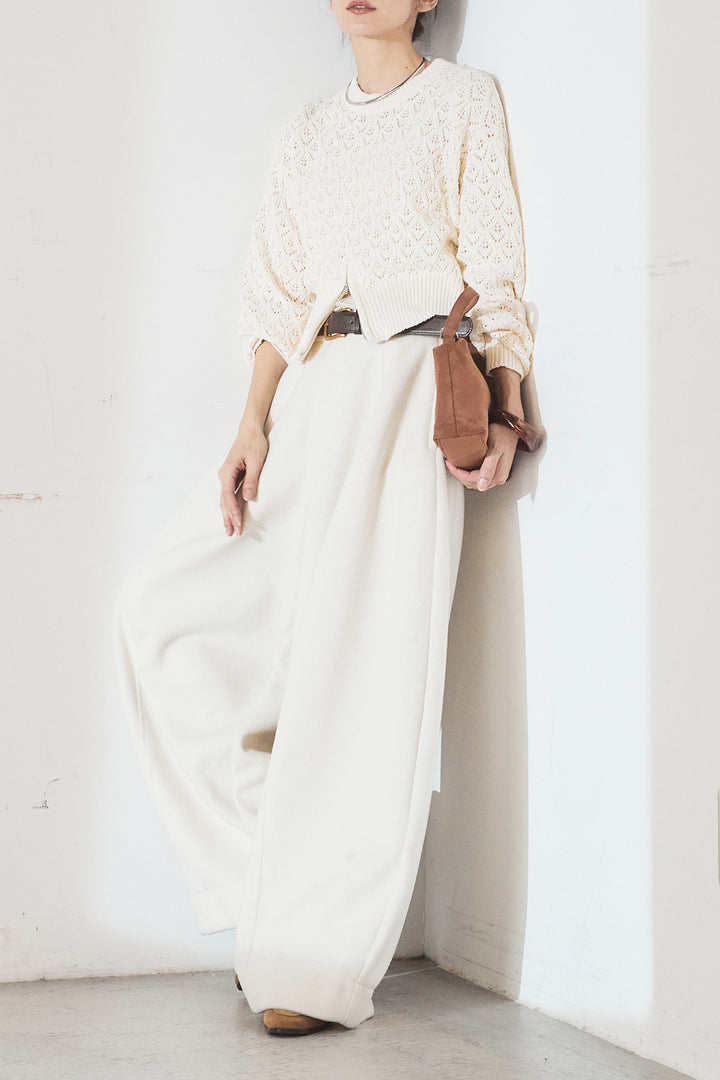 [SET]透かし編みニットジップスリットプルオーバー+ウールタッチカーブワイドパンツ(2set)