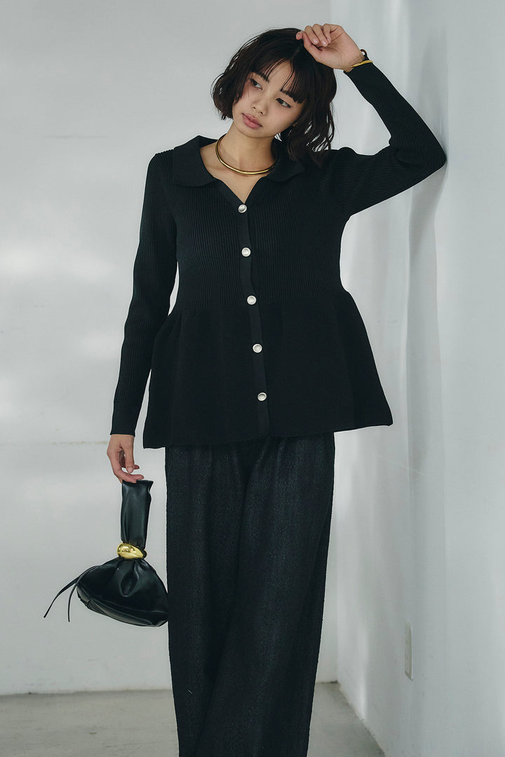 [SET]スキッパーペプラムニット+デニムライクヘリンボーンタックパンツ(2set)