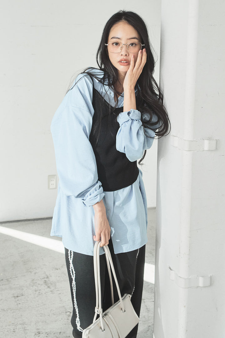 [SET]ニットキャミ付きシャツ+刺繡テープラインパンツ(2set)