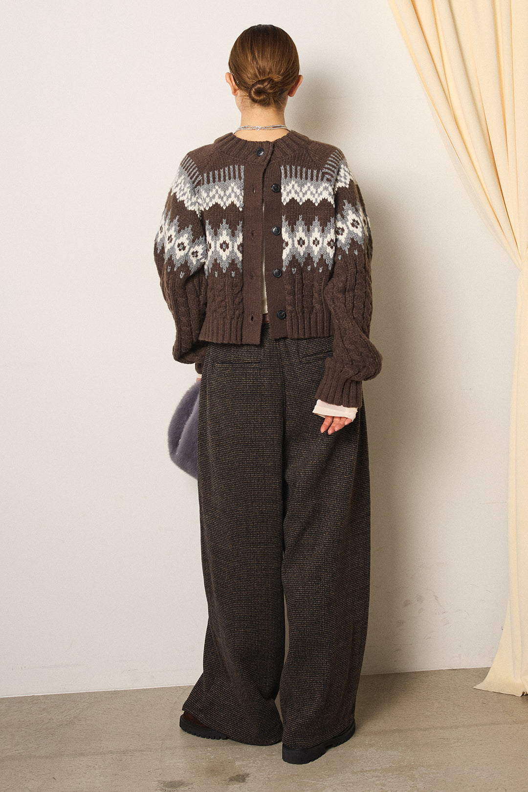 [SET]2WAY求心柄ジャガードショートカーディガン+起毛タック入りツイードワイドパンツ(2set)