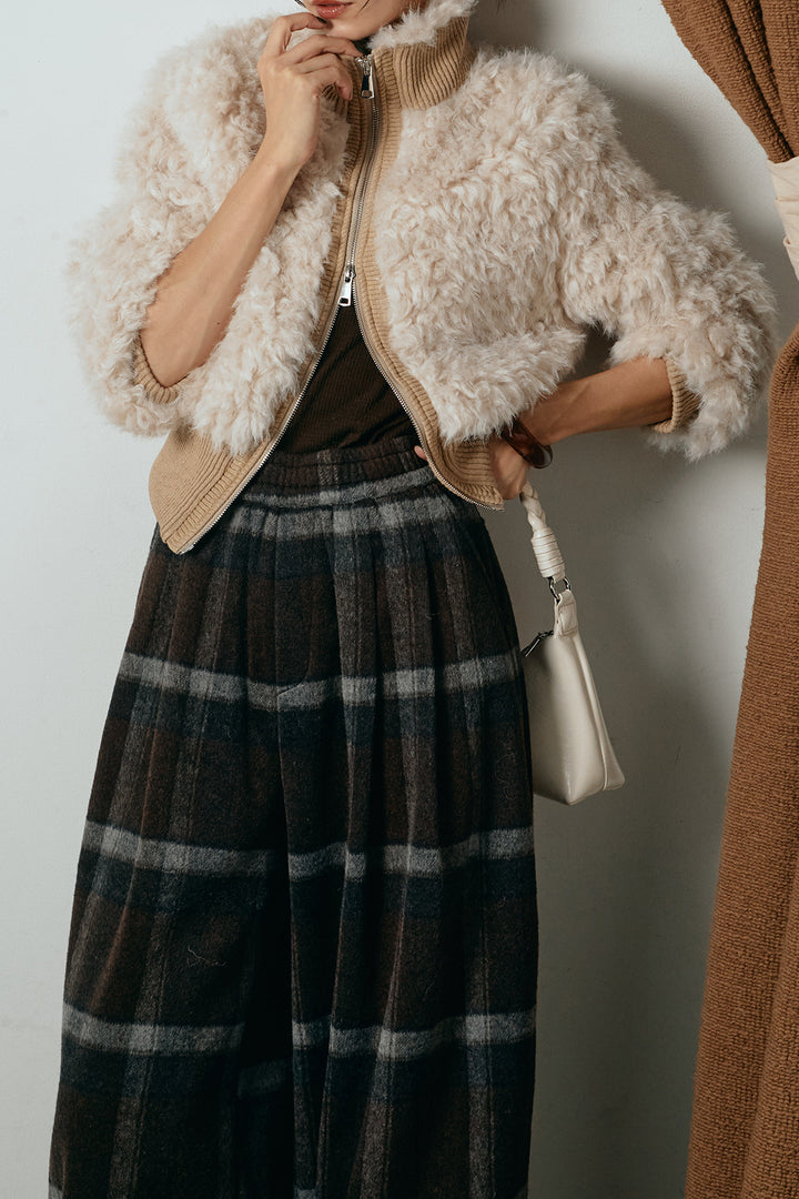 [SET]ハイネックショート丈ボアジップブルゾン+起毛タータンチェック柄ワイドパンツ(2set)