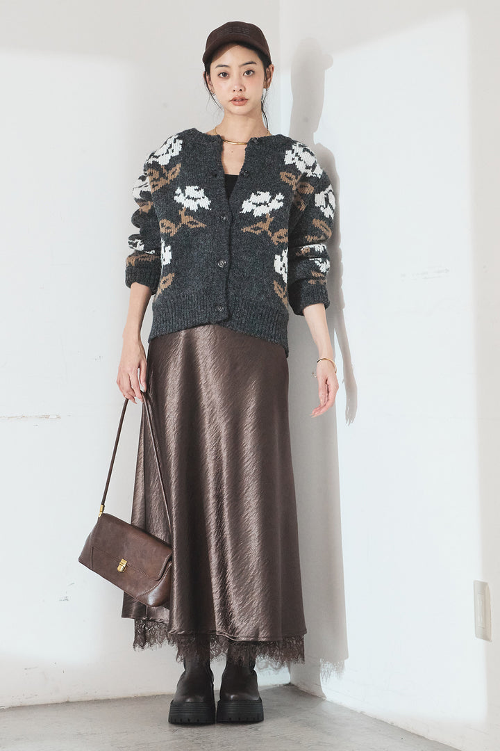 [SET]花柄ジャガードニットカーディガン+裾レースデザインサテンスカート(2set)