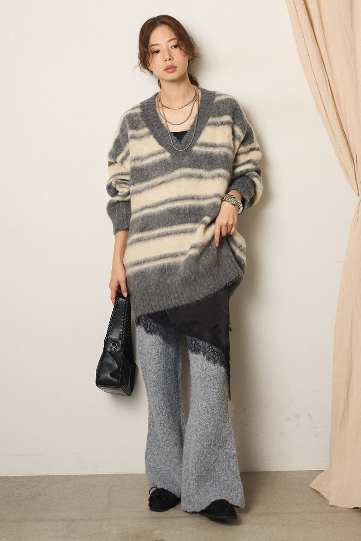 [SET]ルーズVネックボーダーニットトップス+レースドッキングサテンキャミソール+杢ニットリブフレアパンツ(3set)