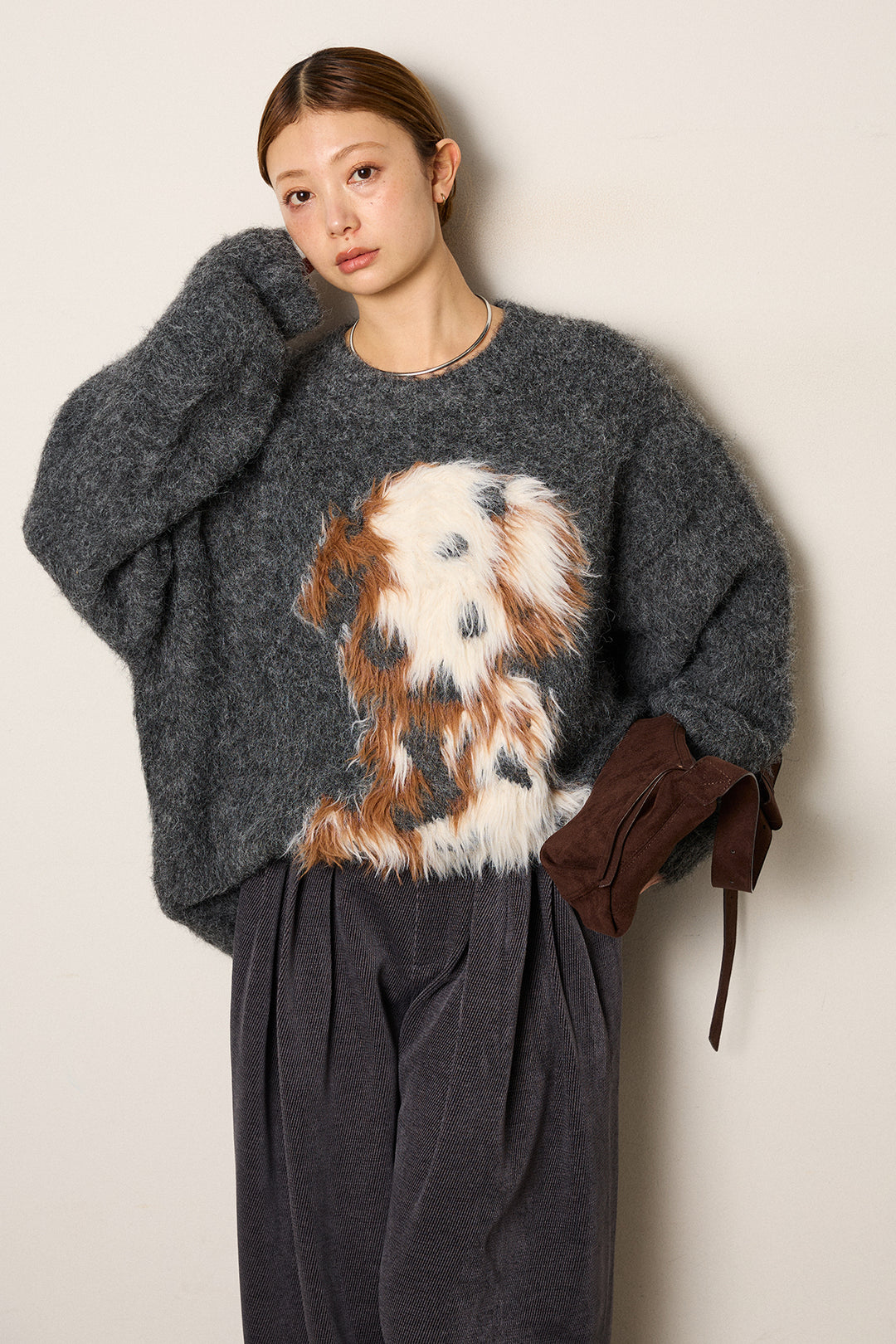 [SET]シャギーニュアンスアニマルニット+ベルトループコーデュロイワイドパンツ(2set)