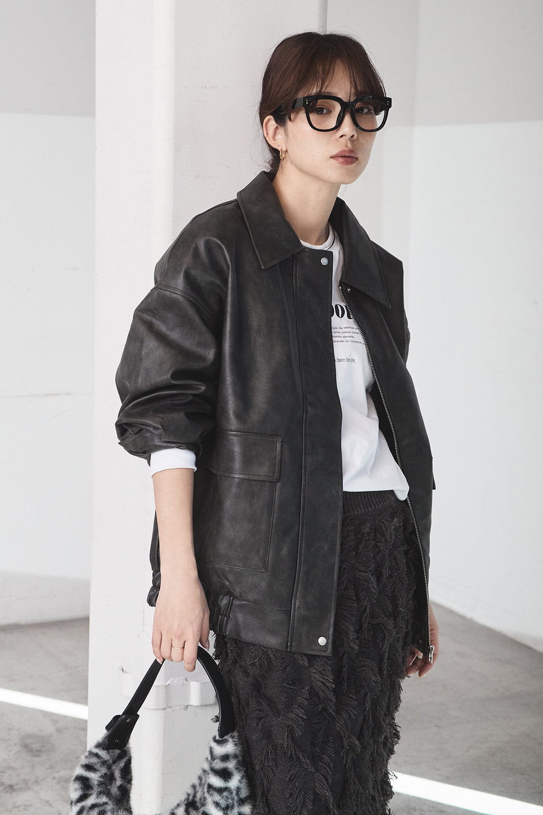 [SET]レザーライクオーバーサイズブルゾン+カットフリンジニットタイトスカート(2set)