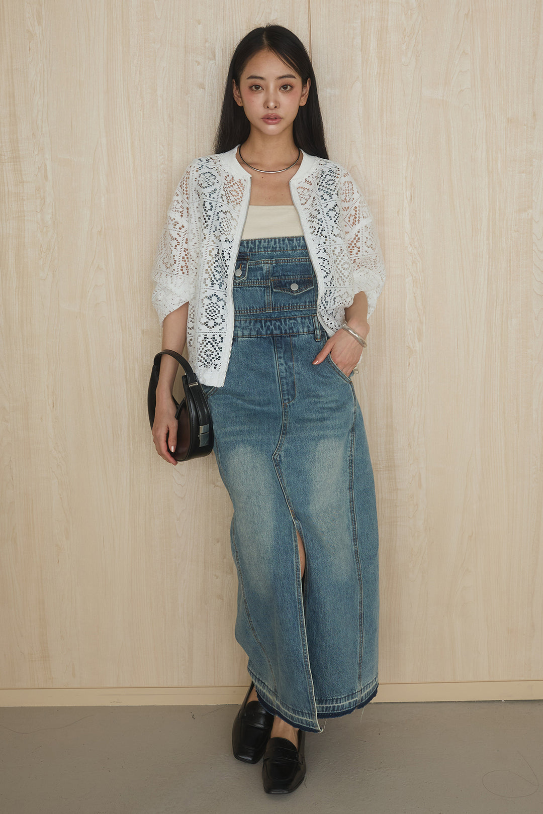 [SET]幾何レースブルゾン+センタースリットデニムジャンスカ(2set)